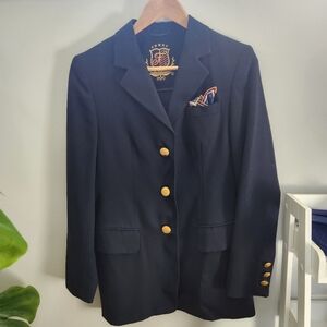 Vintage Mondi Blue Blazer with Gold Emblem and Notched Lapels